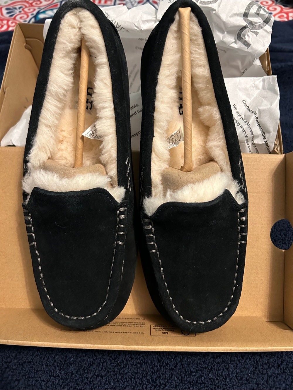 Ugg Black Suede Fur-Lined Moccasin Slippers